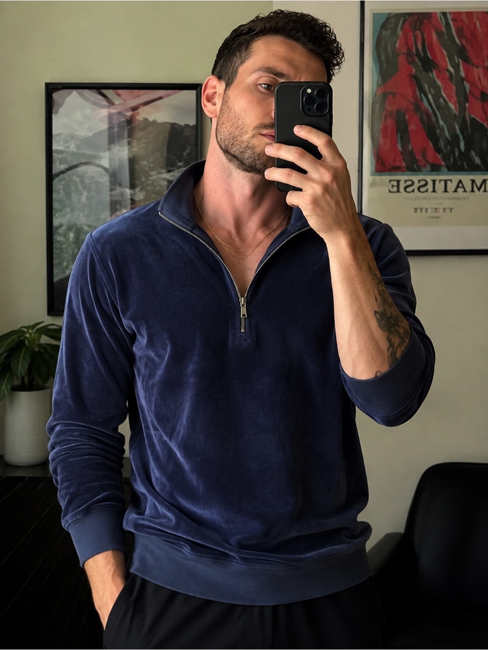 Goodlife brand Men's Navy Quarter-Zip Velour Sweater